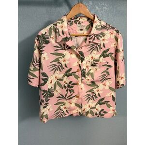 Original Island Sport Pink Floral Rayon Camp Shirt Women Medium Tropical Hawaii